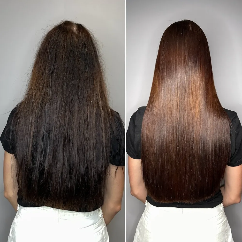 Proceso de aplicar botox capilar en cabello de mujer